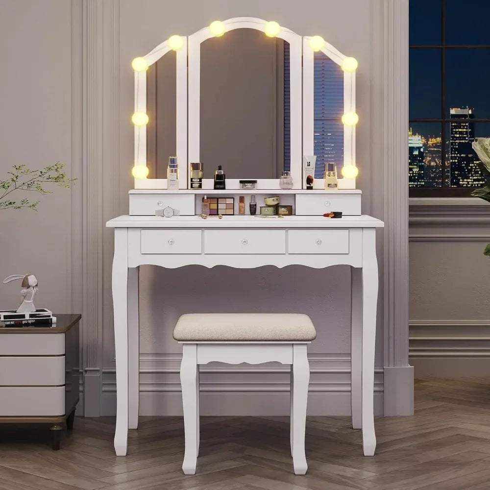 New Vanity Table Set with Lighted Tri-Folding Mirror, Makeup Vanity with Lights & 3 Color Lighting Modes, Vanity Desk/ Mirror