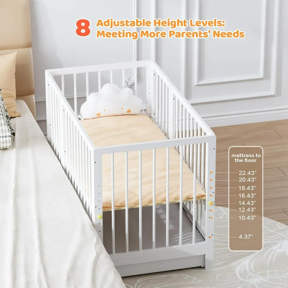 8-in-1 Convertible Crib with Changer, Including 2-Inch Mattress, Transforms into Bassinet, Mid-Sized Crib, Full-Size Crib