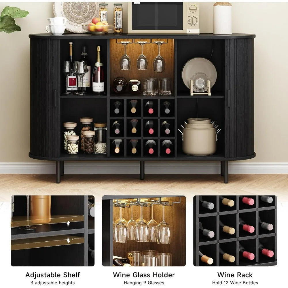 Modern Farmhouse-Style Wine/ Bar Cabinet with LED Lighting, Liquor/Whiskey Storage, and Glass Holder