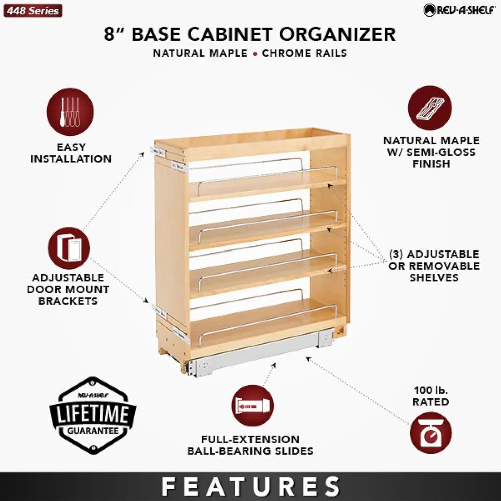 Rev-A-Shelf 8" Pullout Kitchen Cabinet Storage Organizer/ Slide Out Pantry Spice Rack with Adjustable Shelves for 8.5" W Cabinet