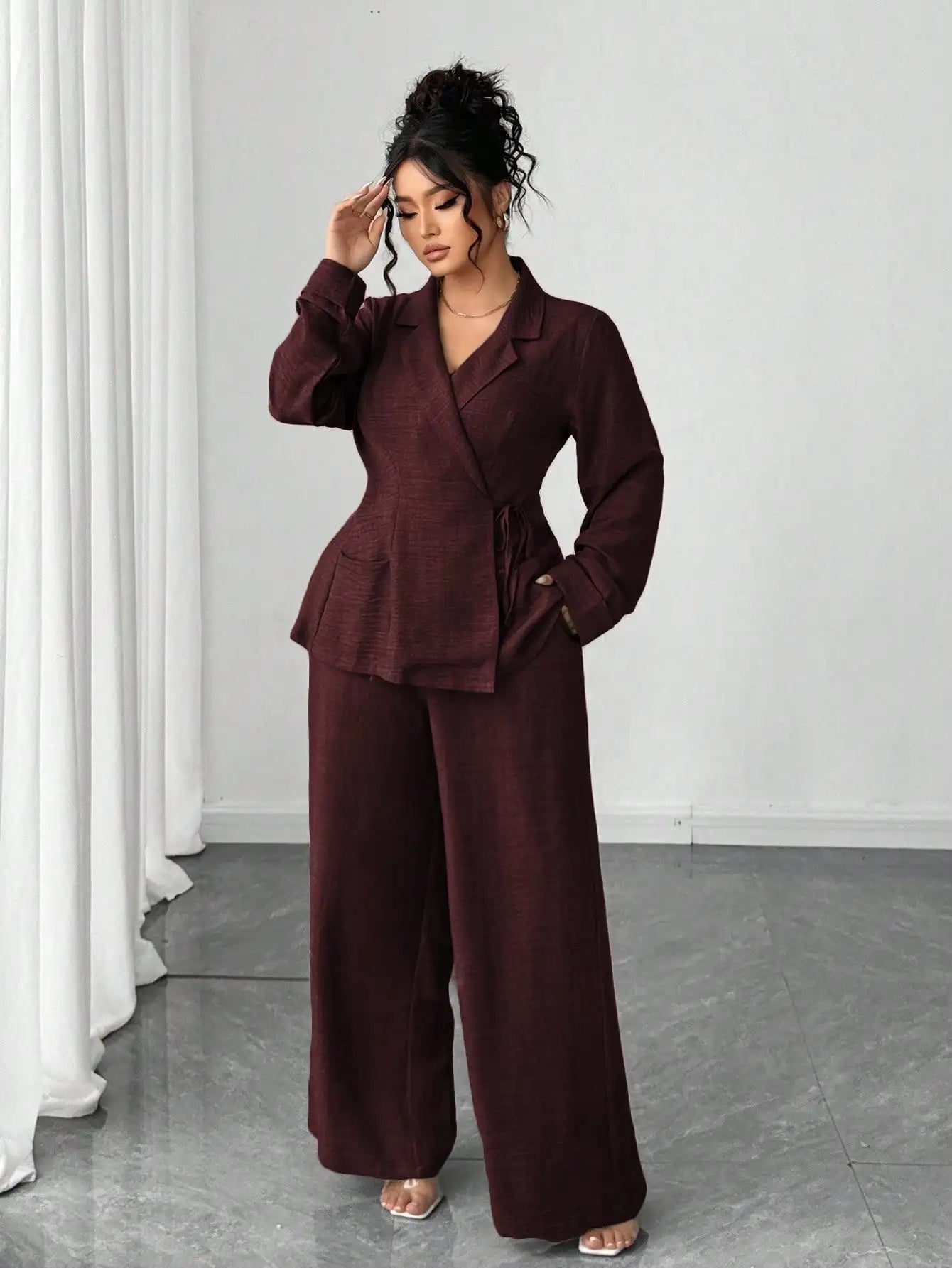 Olive Green Linen Two-Piece Suit for Women - Wrap Blazer with Tie Waist & Wide Leg Pants, Plus Size Office/ Casual Set