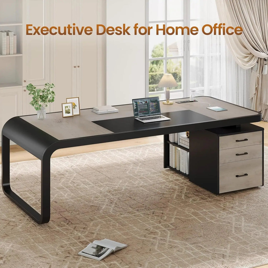 70.9" Executive Desk, Large Computer Desk with Drawers and Lateral File Cabinet, Office Desk with Removable Shelves, Business