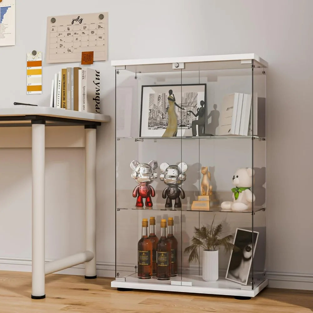 Glass Display Cabinet with Double Doors and Lock, Easy Assembly 3-Tier Curio Cabinet with 5mm Tempered Glass Floor