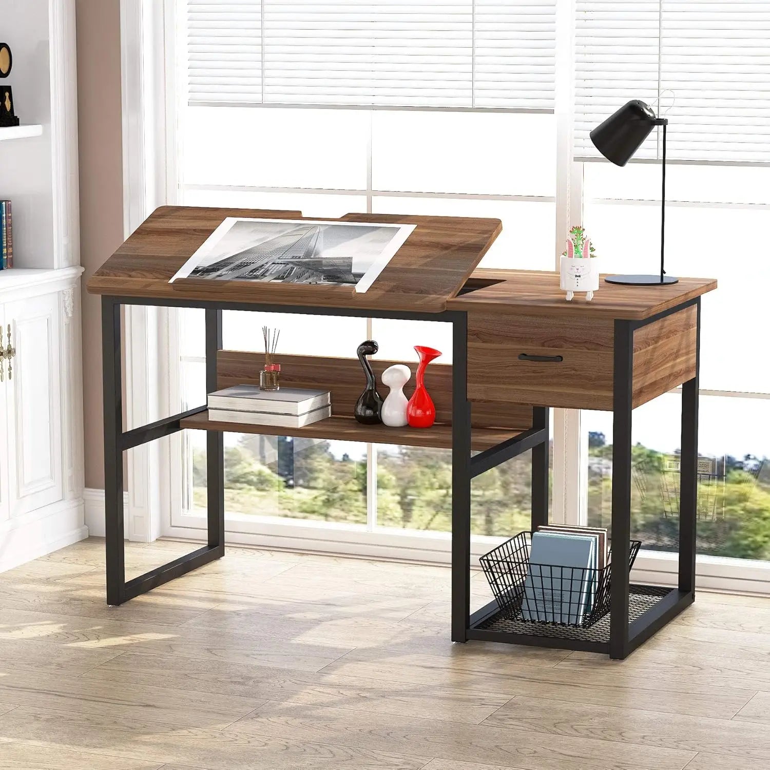 Drafting Table with Storage Drawers, Drawing, Computer Desk, Artist Craft Table, Painting, Workstation with Shelves & Tiltable