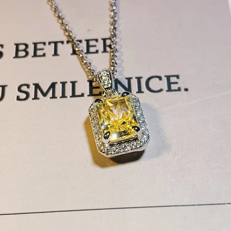 Luxury Yellow Cubic Zirconia Pendant Necklace for Women Noble Wedding Anniversary Gift Temperament Elegant Lady Jewelry