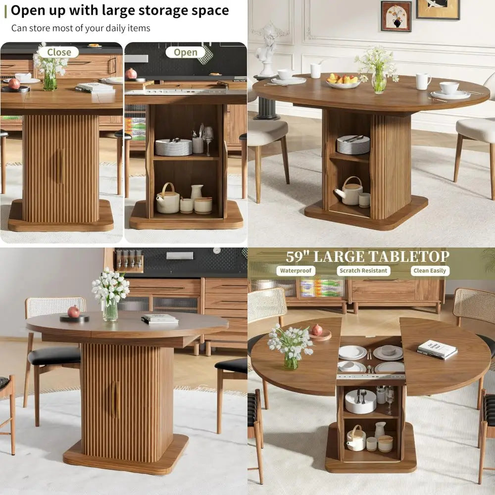 Expandable Oval Dining Table for 4-6-8 People, 59" Kitchen Table with Storage, Wooden Sliding Door, Contemporary Oval Design