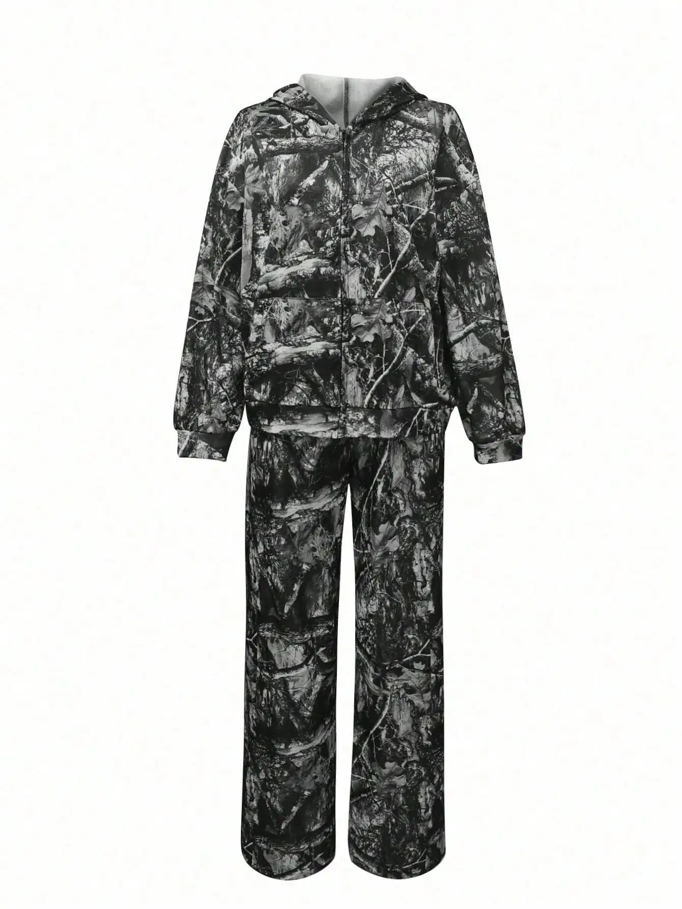 Women's Black Tree Branch Print Velvet Hoodie & Sweatpants 2-Piece Set