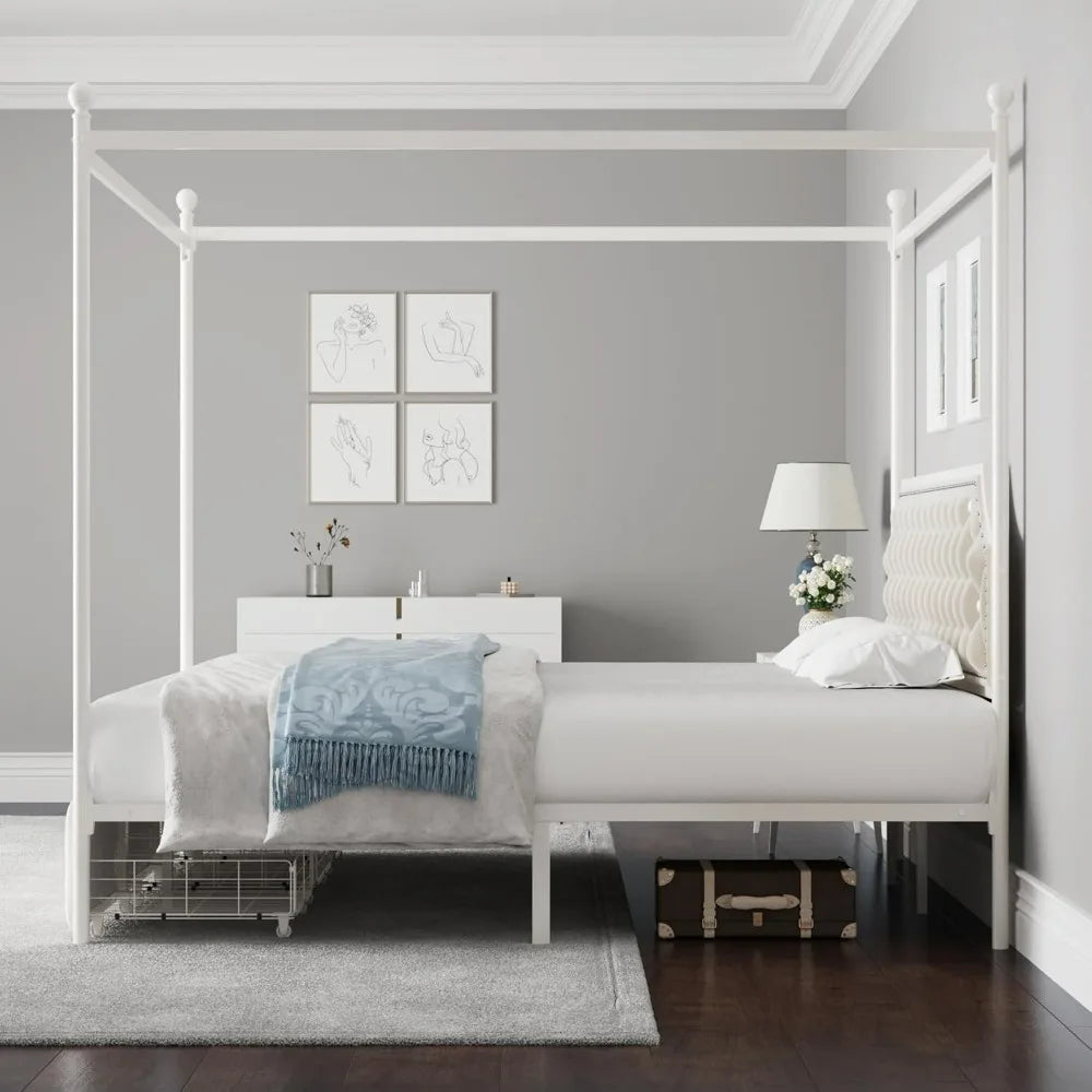 Queen Size Button Tufted Canopy Bed Frame with Storage Drawers and Metal Platform Base