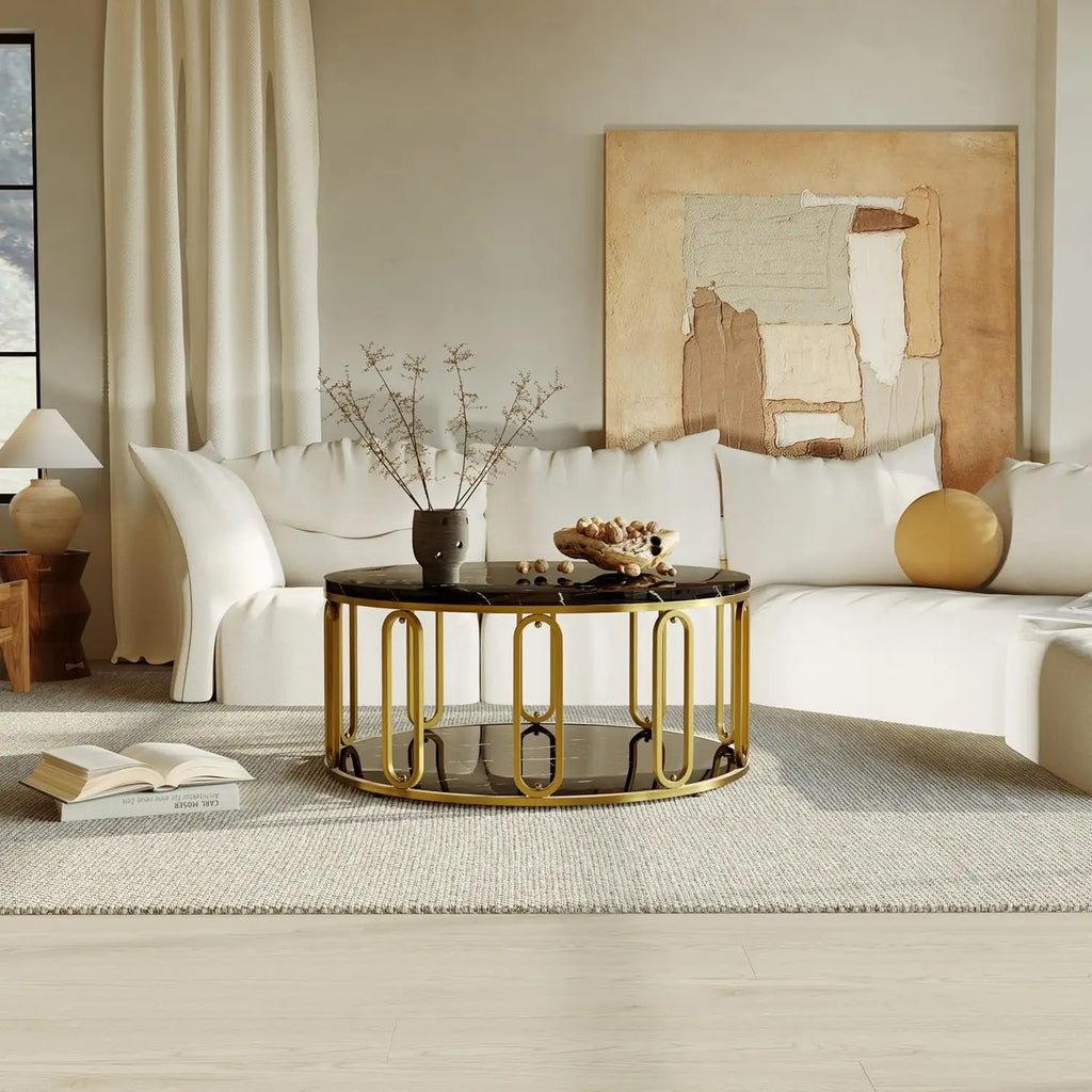 Round Coffee Table, Wooden Marble Pattern Coffee Table with Round Open Storage, Solid Golden Metal Legs for Living Room，Black