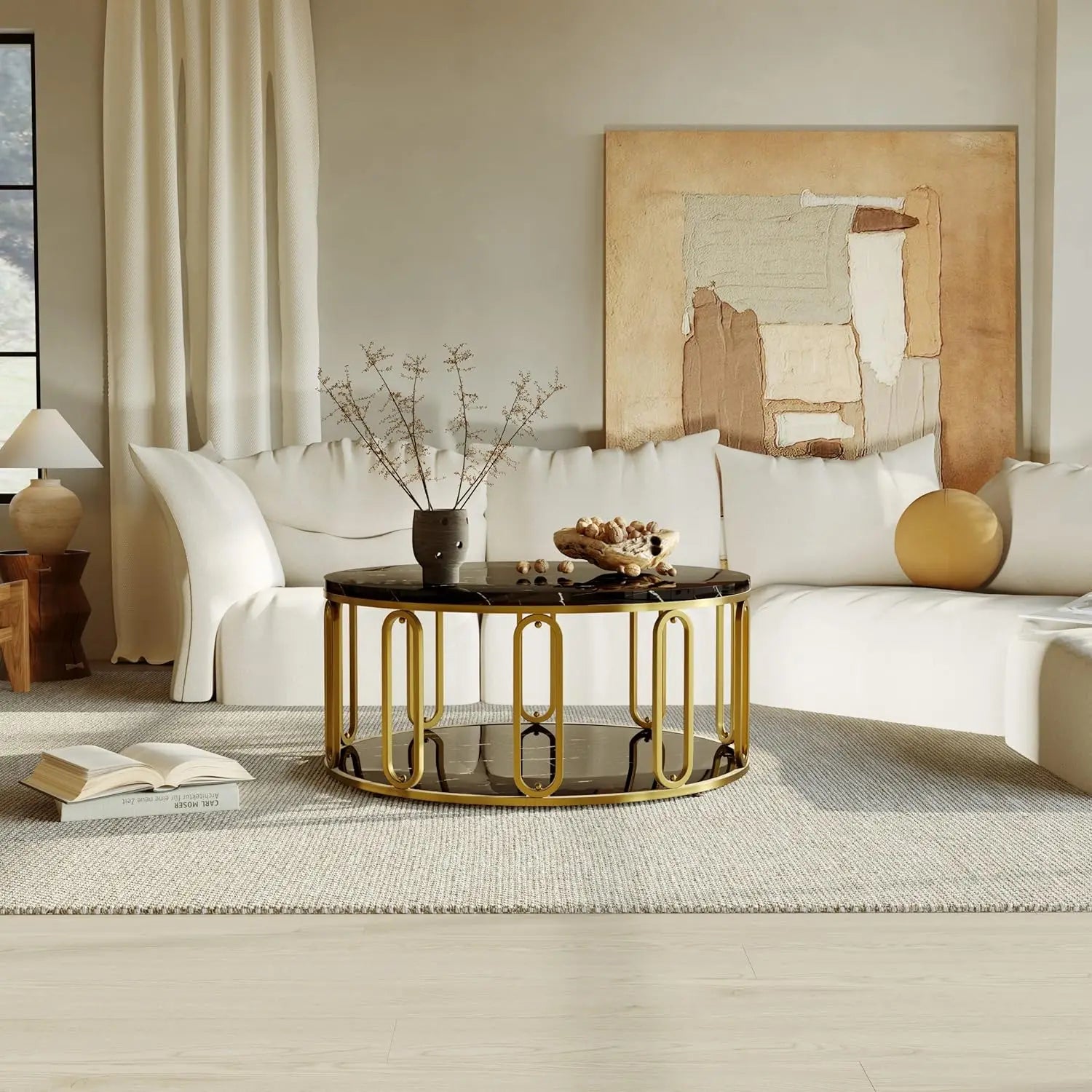 Round Coffee Table, Wooden Marble Pattern Coffee Table with Round Open Storage, Solid Golden Metal Legs for Living Room，Black