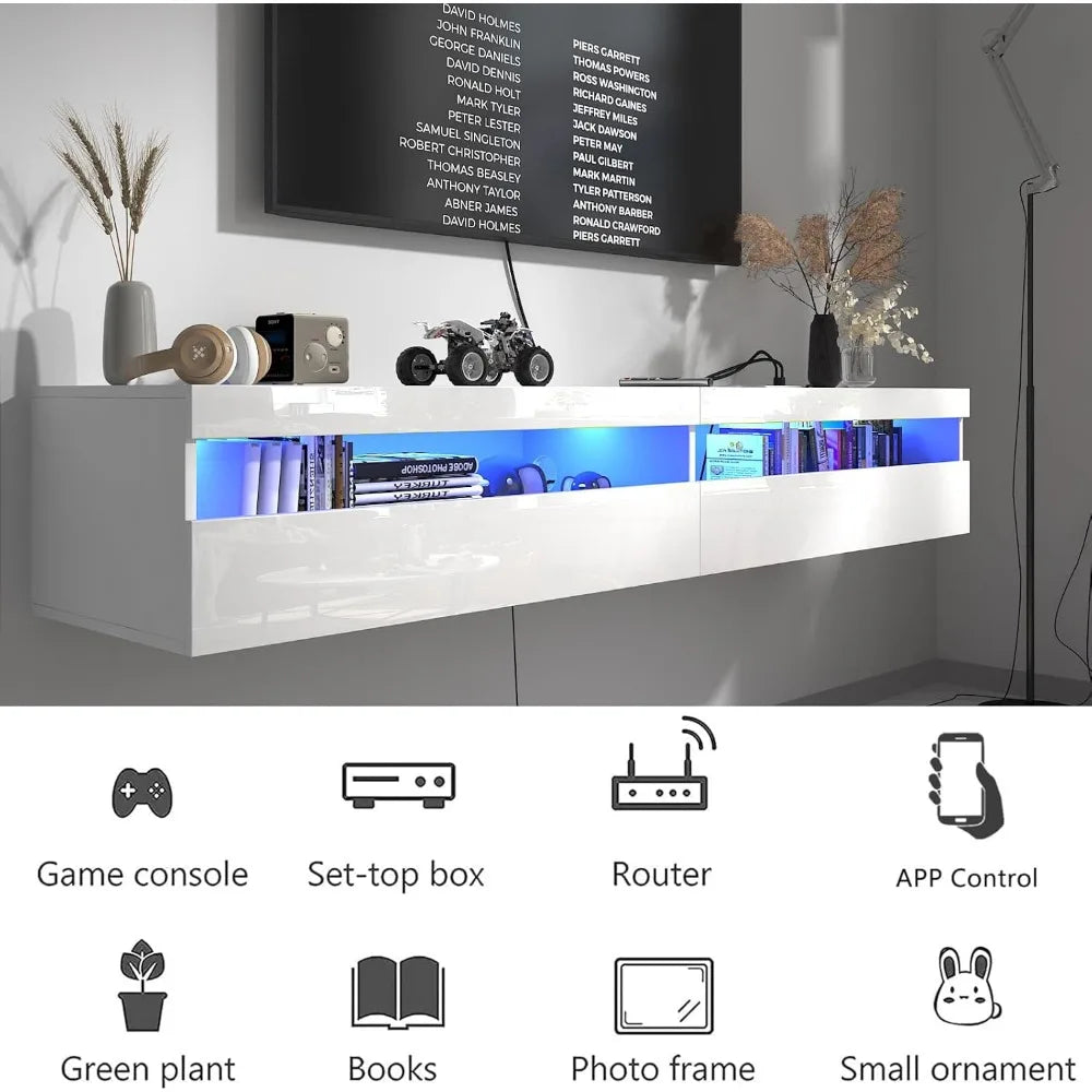 Floating TV Stand, Wall Mounted TV Shelf with Led Lights & Power Outlet, 71" Modern Entertainment Center Media Console with Storage