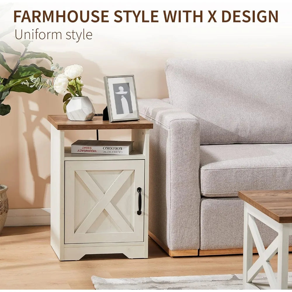3-Piece Farmhouse Living Room Table Set with Coffee Table & 2 End Tables, Charging Station & USB Ports, Distressed White