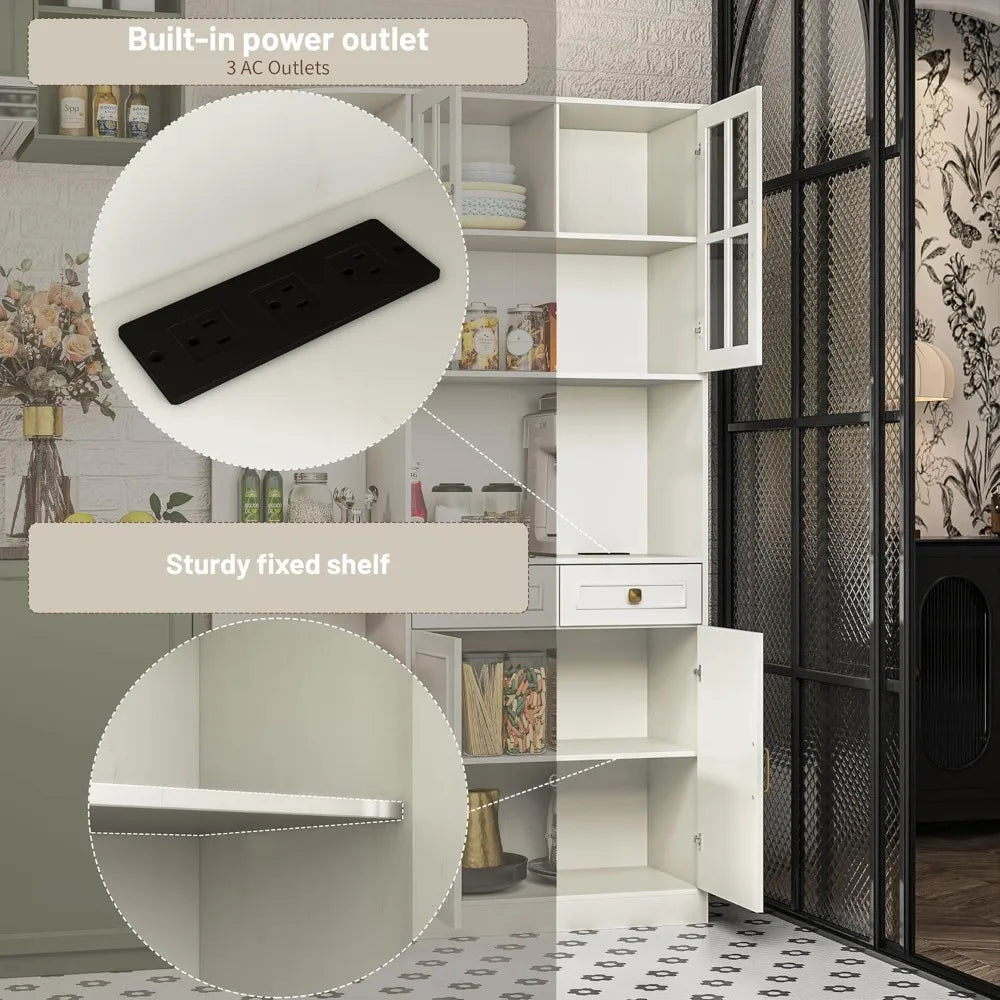 71" Tall Corner Pantry Storage Cabinet with Charging Station, 40" wide Kitchen Hutch Cabinet with 4 doors and 2 Drawers, Farmhouse