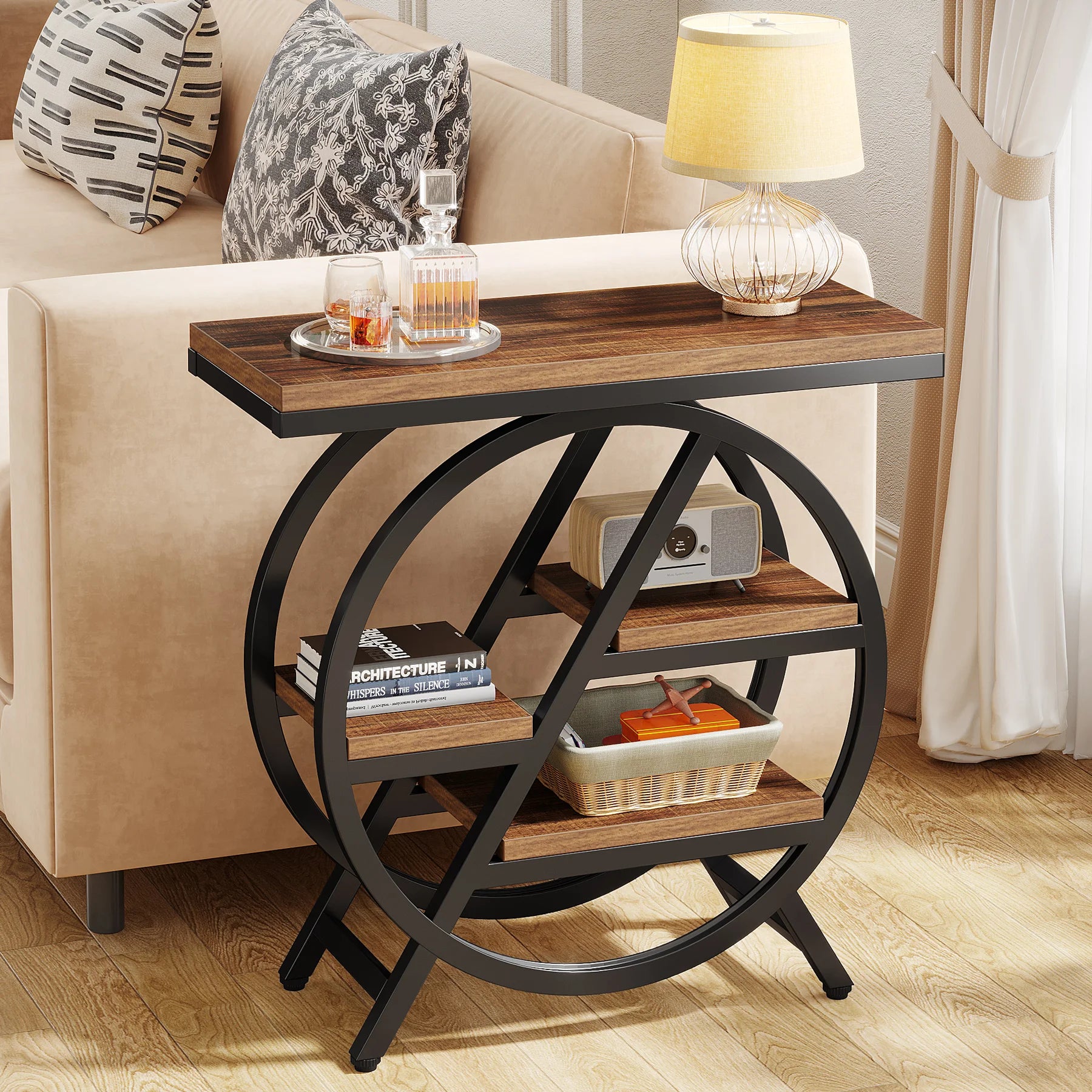 Tribesigns End Table for Living Room, 3-Tier Narrow Side Table with Storage, Wood Sofa Side Table with Geometric Metal Frame
