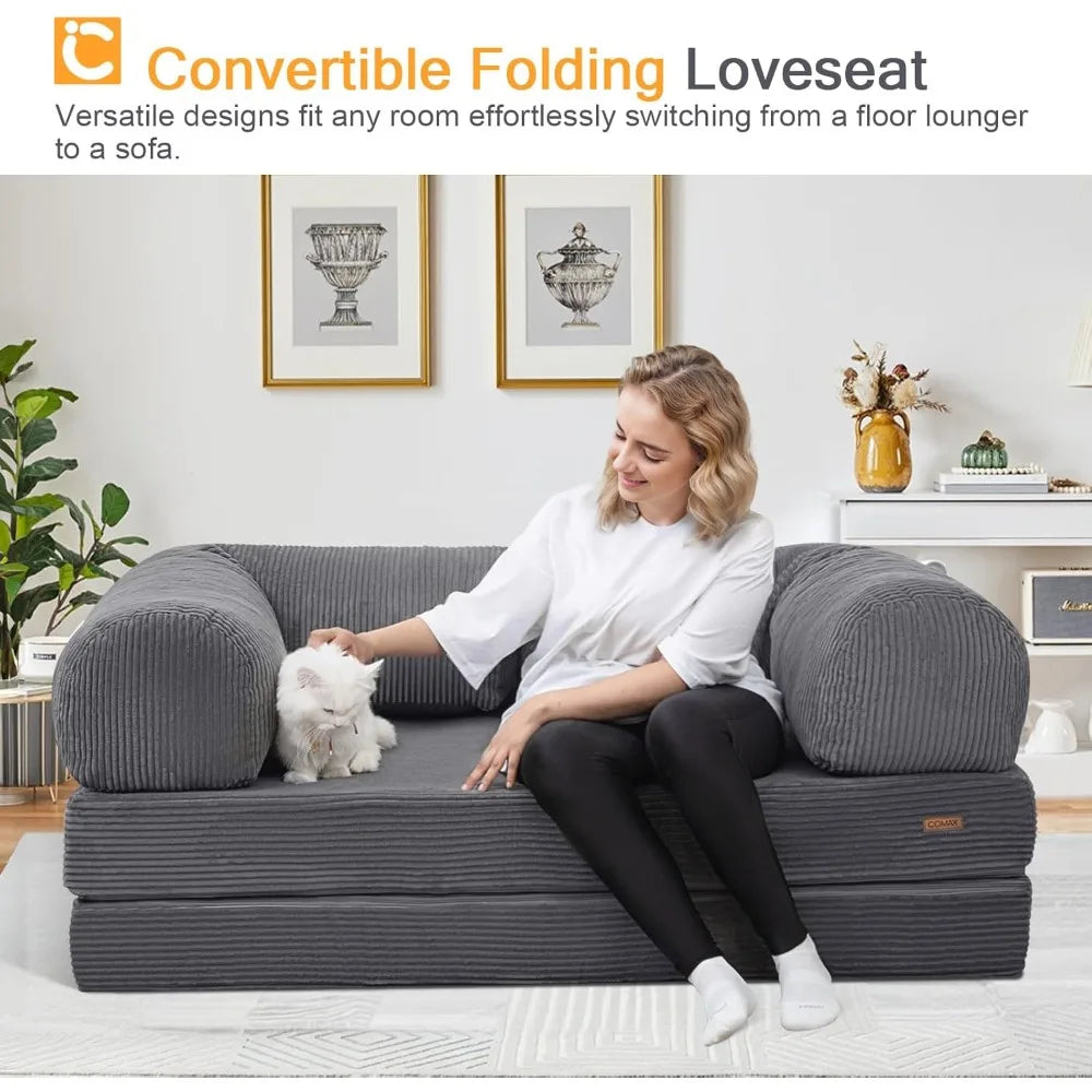 Futon Sofa Bed, 4-in-1 Floor Foldable Sofa Couch/Queen Bed with L-Shaped Armrests, Convertible Folding Chair Bed Sleeper