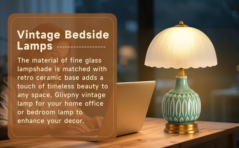 Vintage Lamp for Living Room,16" Modern Ceramic Table Lamps for Bedroom, Retro Bedside Nightstand/ Traditional Lamps ,Classic Chino
