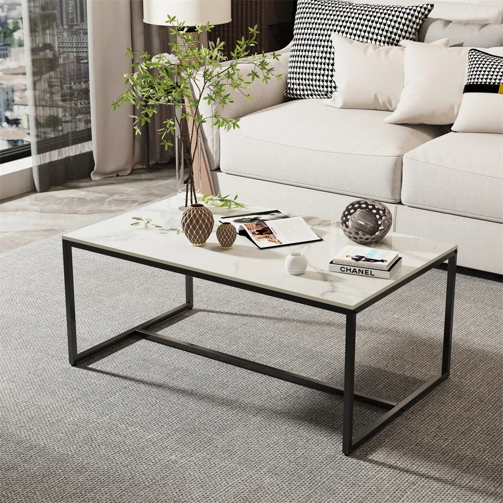 LUVODI Rectangle Living Room Coffee Table Sofa Side Table with White Black Grey Marble Tabletop