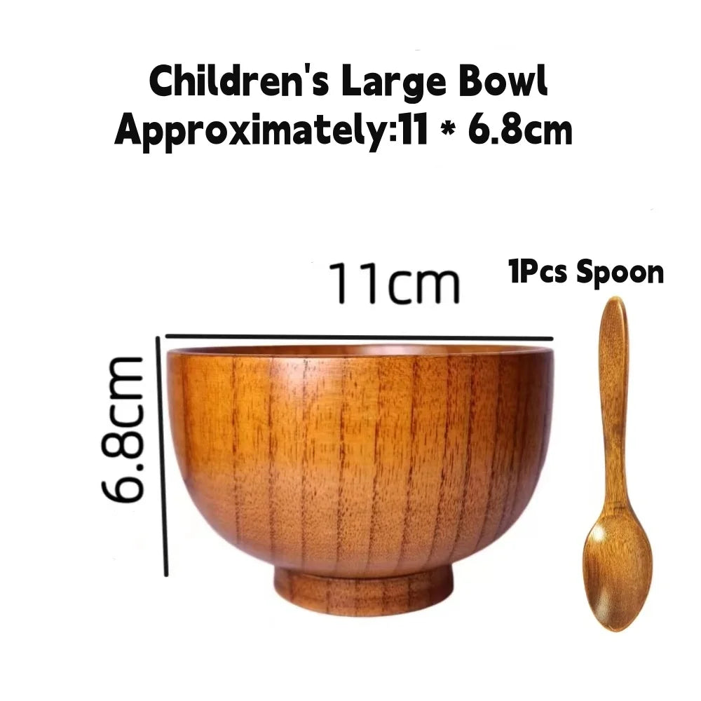 Kitchen Natural Wooden Soup Bowls,Round Fruit Salad Rice Bowls,With Spoon Set Food Containers Bowls,Large Tableware Noodle Bowls