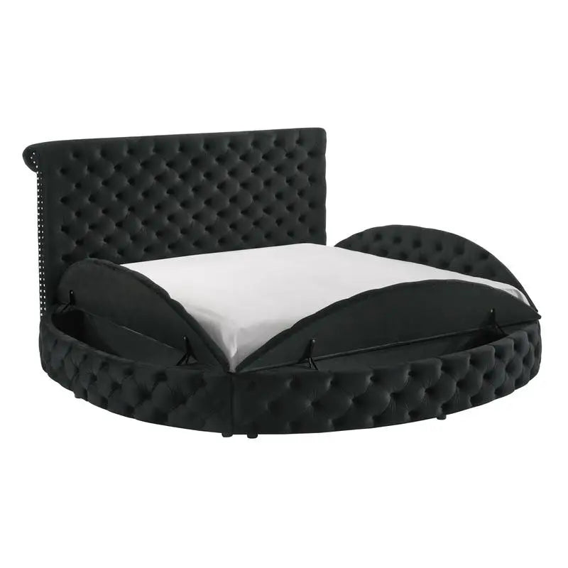 King Size Black Velvet Button-Tufted Storage Bed- 3pc Wooden Bedroom Furniture Set