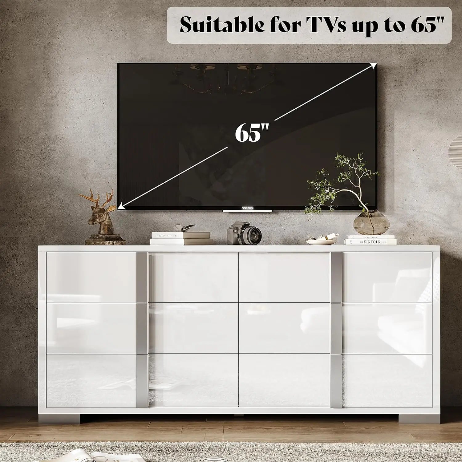 Modern Storage Chest of Drawers with Wide Tabletop,54" W High Gloss 6 Drawers Dresser with Silver Grooved Handles