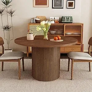 Round Dining Table for 4, Modern Farmhouse Kitchen Table, 47" Small Circle Dining Table with Wood Strip Base