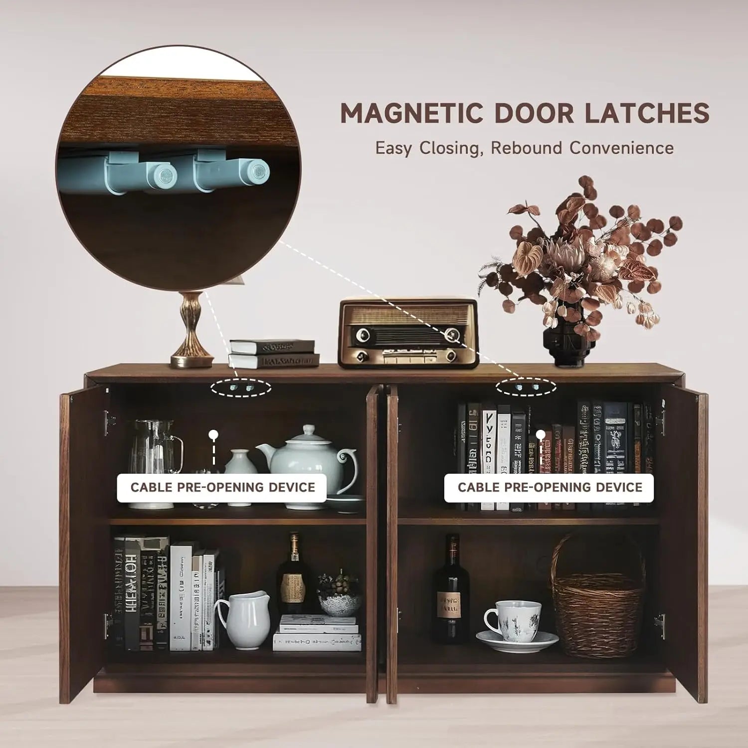 NEW 59" Sideboard Buffet Cabinet/ Retro Accent Storage Cabinet with Magnetic Door Latches/ Adjustable Shelf