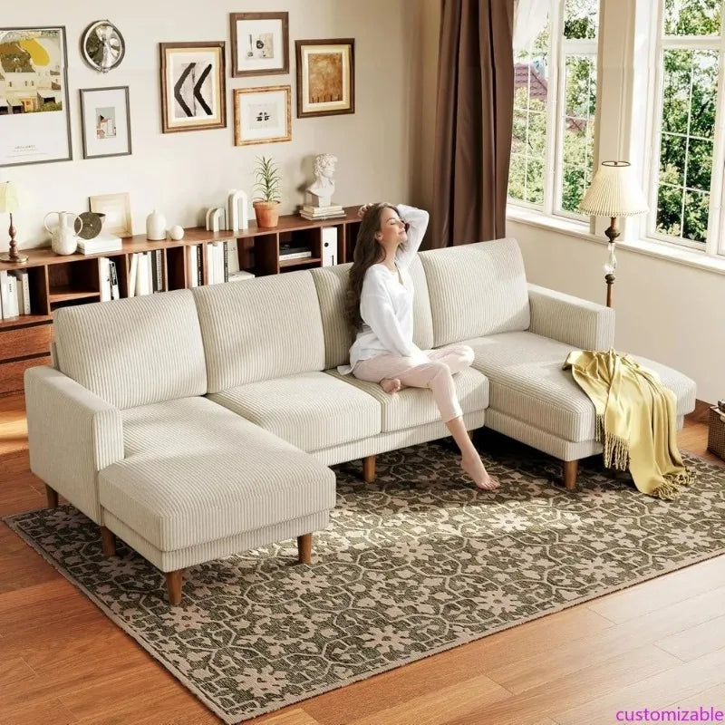 Beige U-Shaped Sectional Sofa with Chaises, Corduroy Fabric, Living Room Furniture, Easy Assembly, 4-Seat Loveseat