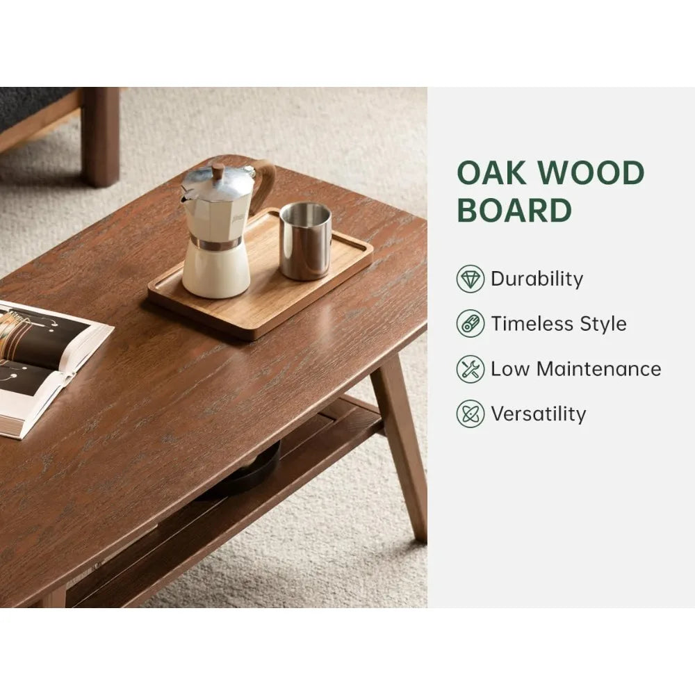 100% Solid Oak Wood Coffee Table for Living Room, 2-Tier Small Table with Storage Shelf, Mid Century Modern Coffee Tables (Walnut)