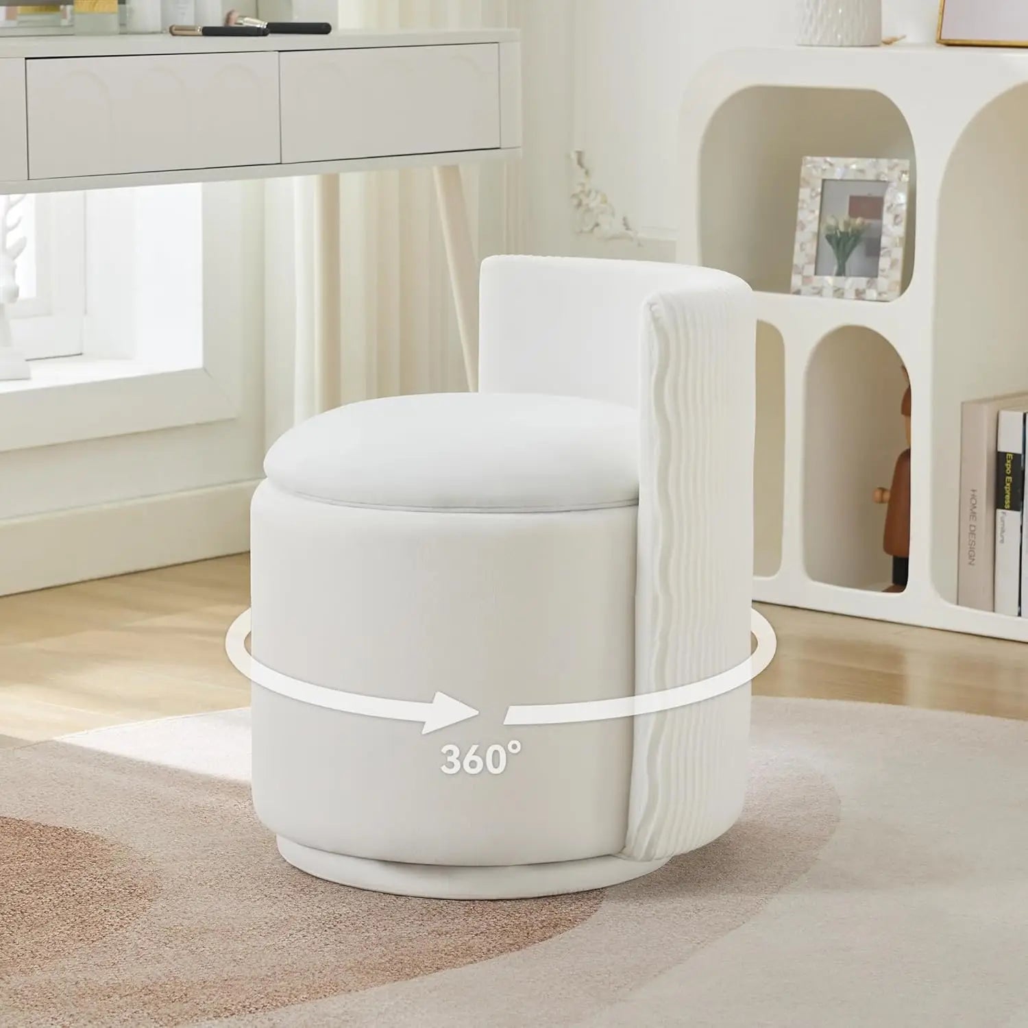 Velvet Vanity Chair with Storage, 360° Swivel Makeup Chair with Wave Back, No Assembly/ Small Accent Stool