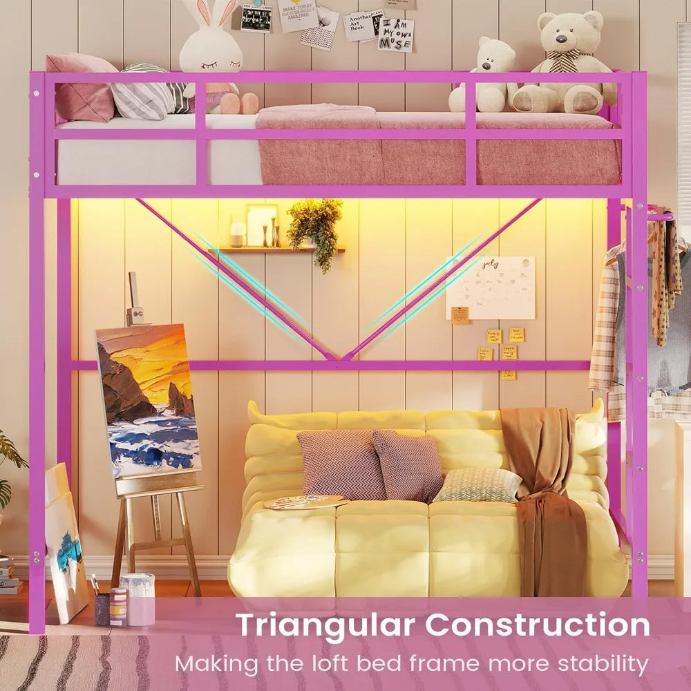 Twin Size Pink Loft Bed with LED Lights, Full-Length Guardrail, and Clothes Rack - Heavy Duty Metal Frame