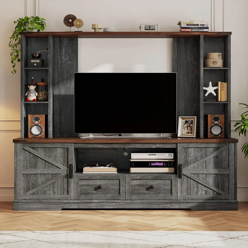 Wood TV Stand, Large Wall Unit Entertainment Center, Living Room with 2 LED Lights & Power Outlets, Storage Shelves ,Dark Grey
