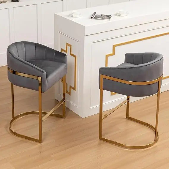 Counter Height Bar Stools Set of 2, Modern 27" H Barrel Counter Stools with Shell Back, Gold Velvet Bar Stools for Kitchen Island