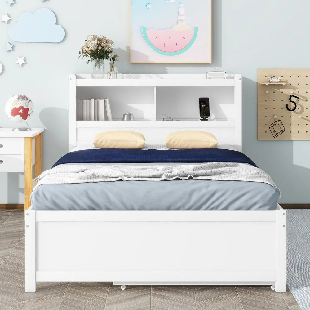 Full Size Platform Bed with Trundle, Drawers and Bookcase Headboard with USB Plugs