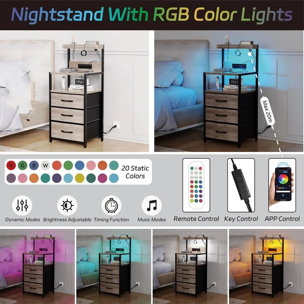 LED Lighted 3-Drawer Nightstand with Charger Station, Storage Shelves, and Hooks for Bedroom or Dorm