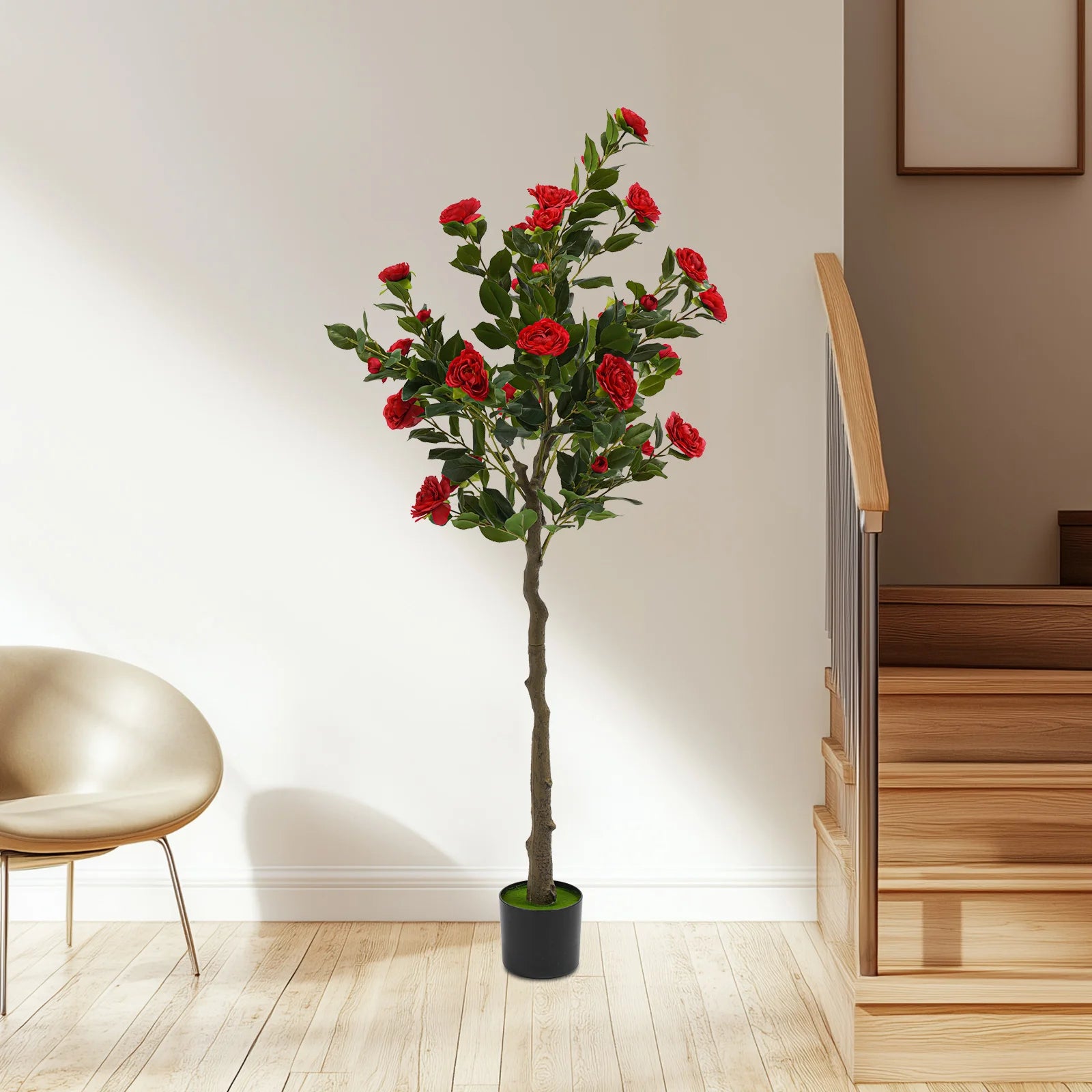 Simulated Tree Camellia Plant In Pot/ Lifelike Trunk/ Red Artificial Camellia Trees for Balconies/Shopping Malls/Exhibitions