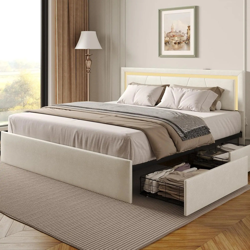 Full Bed Frame with 4 Storage Drawers and Adjustable Headboard, Upholstered Platform Bed with LED Lights and USB Ports