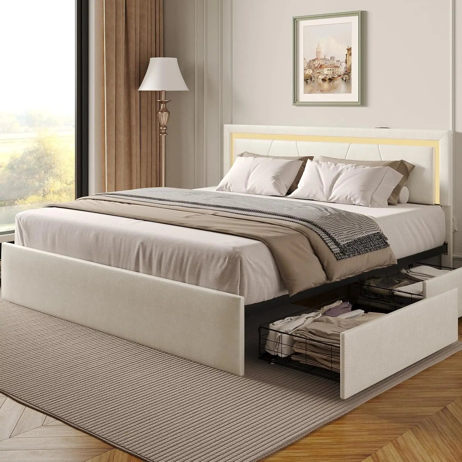 Full Bed Frame with 4 Storage Drawers and Adjustable Headboard, Upholstered Platform Bed with LED Lights and USB Ports