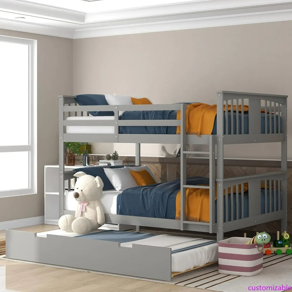 Twin-Over-Full Bunk Bed with Trundle, Transformable into Individual Beds, Crafted from Solid Pine with Safety Rails