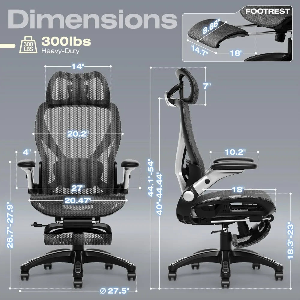 Ergonomic Office Chair: Spacious Desk Chair with Footrest, Adjustable 5D Arms and 3D Lumbar Support for Big and Tal