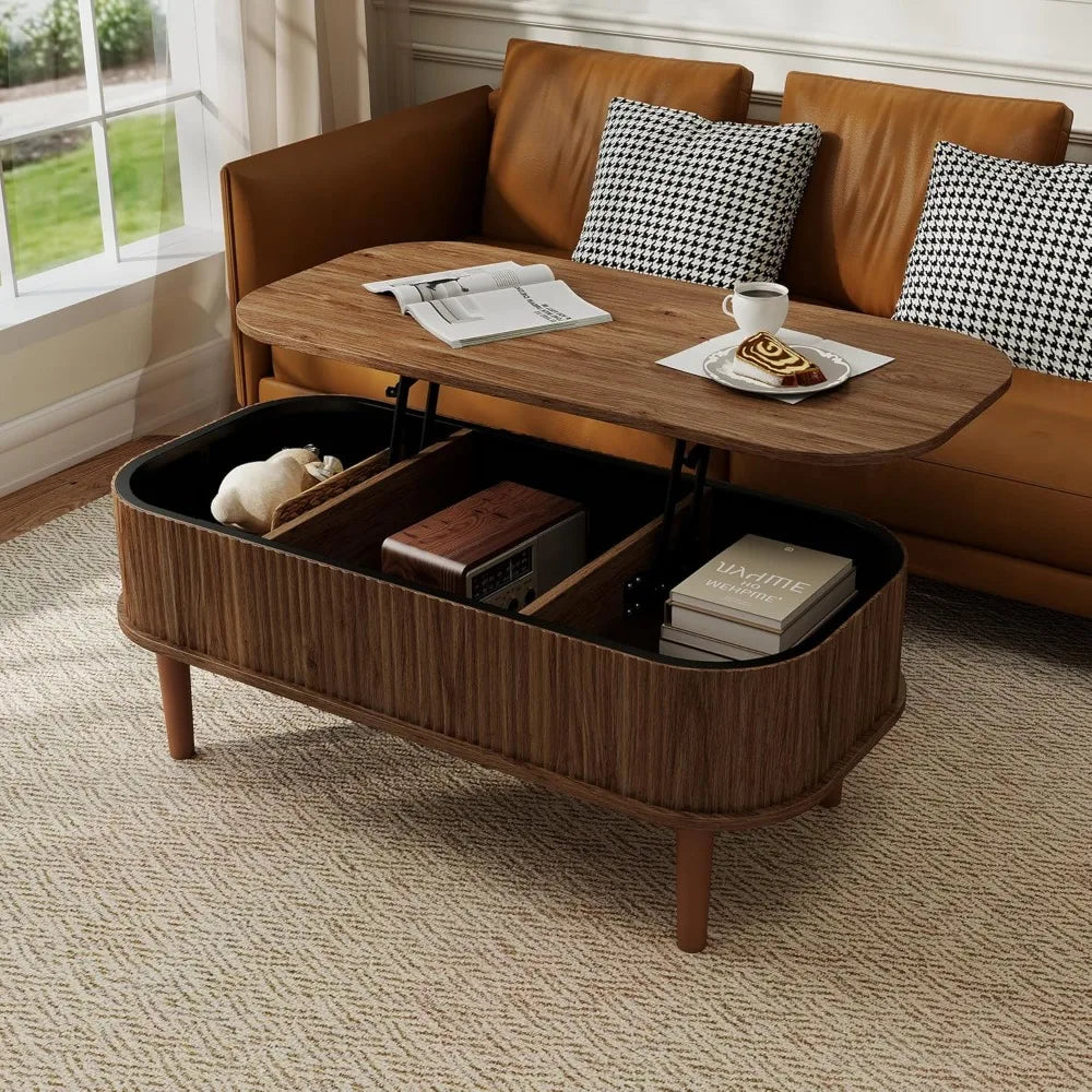 Coffee Table, Fluted Lift Top Coffee Tables for Living Room, Center Tables with Hidden Compartment, Modern Oval