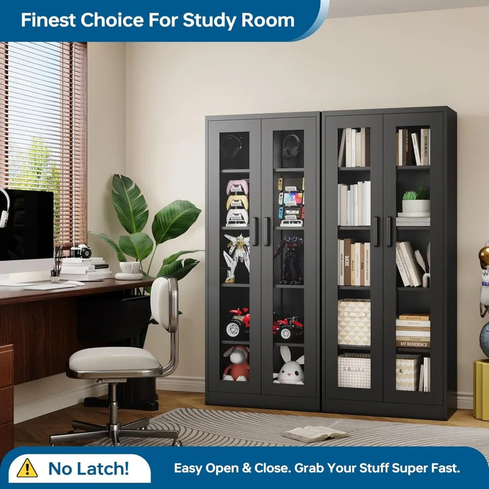 67" Glass Door Display Cabinet with 4 Adjustable Shelves, Heavy Duty Steel Storage Case for Home Office