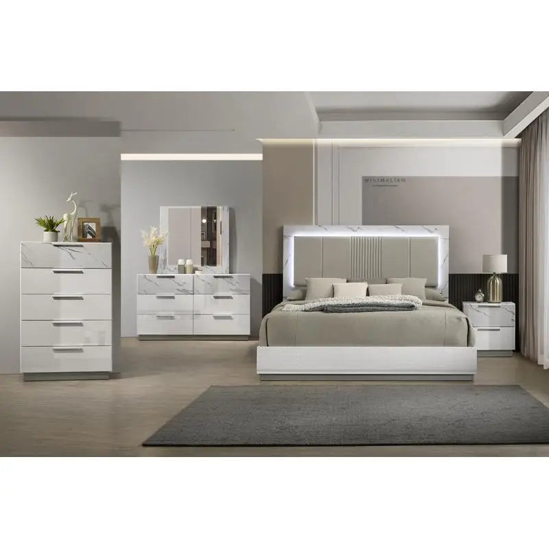 5-Piece Two-Tone High-Gloss Marble and Lacquer Finish Nightstand Set with LED Lighting, Spacious Velvet-Lined Storage, White