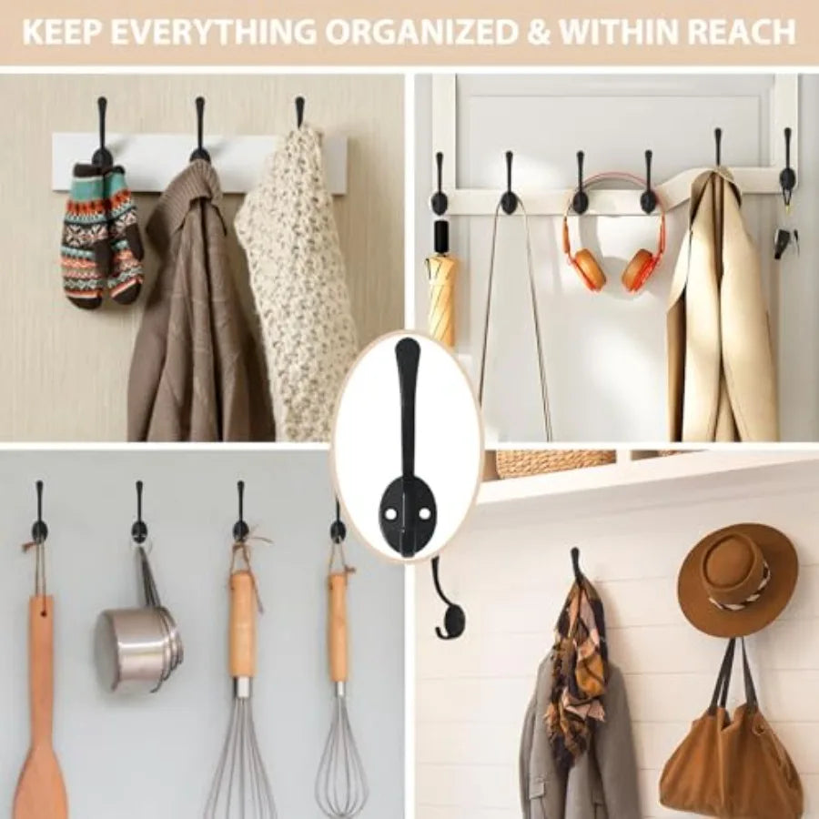 14 Pack Coat Hooks Wall Mounted with 28 Screws, Heavy Duty Black Towel Hooks, Metal Double Hooks, No Rust/ Retro Rustic Wall Hook