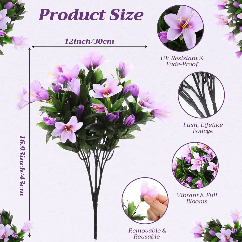 6 Bundles Artificial Faux Spring Flowers for Outdoor, Faux Azalea with Leaves Fake Plants Silk UV Resistant Realistic