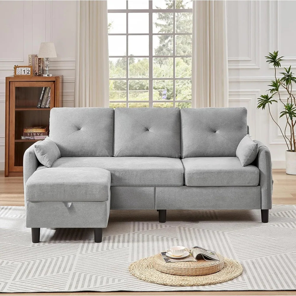 Modern 3-Seat L-Shaped Convertible Sectional Sofa with Reversible Ottoman and Storage Pocket for Small Spaces