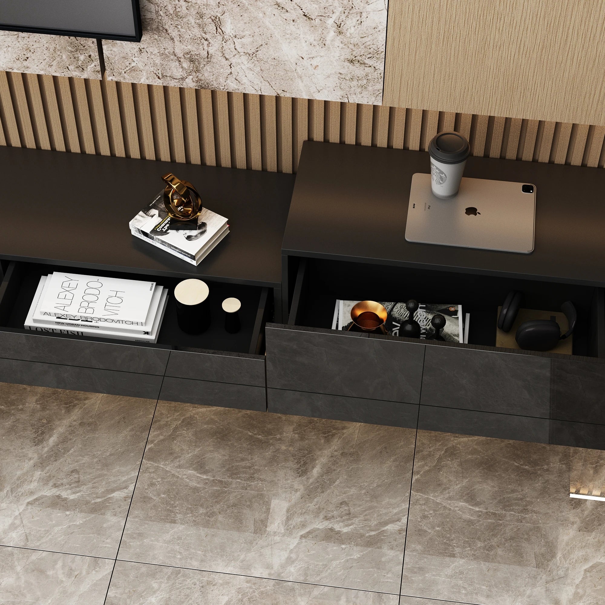 110.2'' L Modern TV Stand with Drawers & LED Lights, Wall-Mounted Media TV Console With Glossy Surface, Black