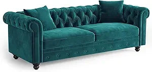82 Inch Chesterfield Sofa, 23 Inch Deep Seat Velvet Couch for Living Room, Button Tufted Couch with Rolled Arms, 2 Throw Pillows
