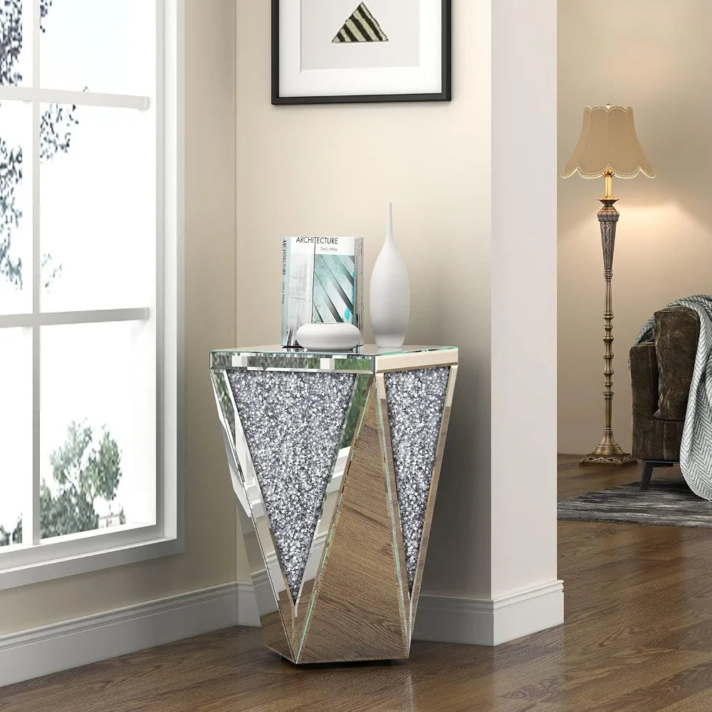 Silver Glass End Table with Crystal Accents for Hallway, Living Room, and Coffee Areas