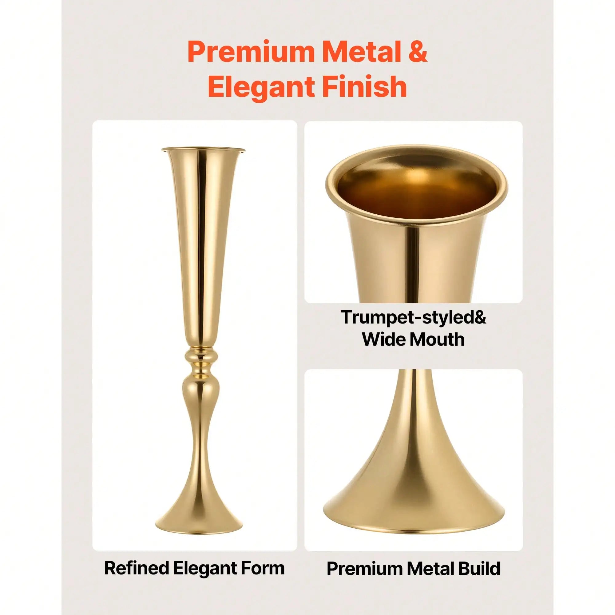 12 PCS Wedding Flower Vase, 21.7 In Tall Trumpet Flower Table Centerpieces, Banquet Vases Easy Installation, Electroplated Versatile Arrangement Stand For Party Events/ Home Decor Reception, Gold