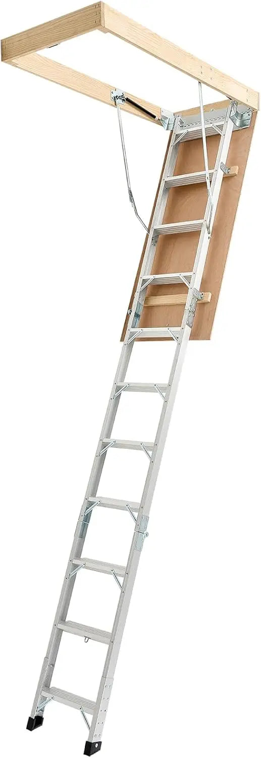 Adjustable Height Multi-Purpose Foldable Aluminum Attic Ladder with 375LBS/170KG Capacity, 9.8 to 10.3 ft/3 to 3.13 m Range